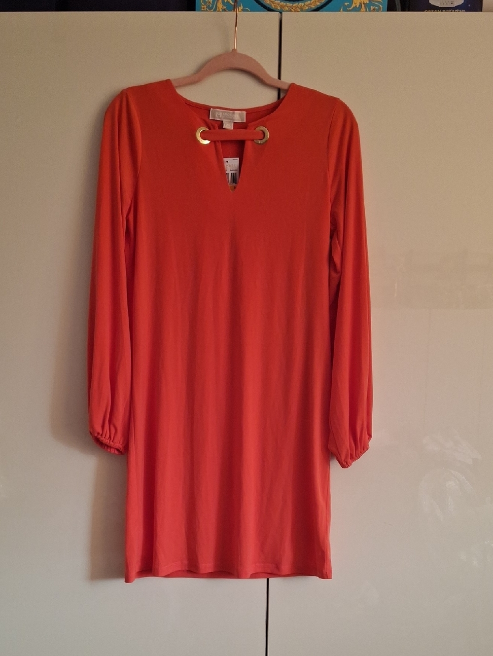 Michael Kors Orange Pink Long Sleeve Shift Dress with Keyhole Detail
